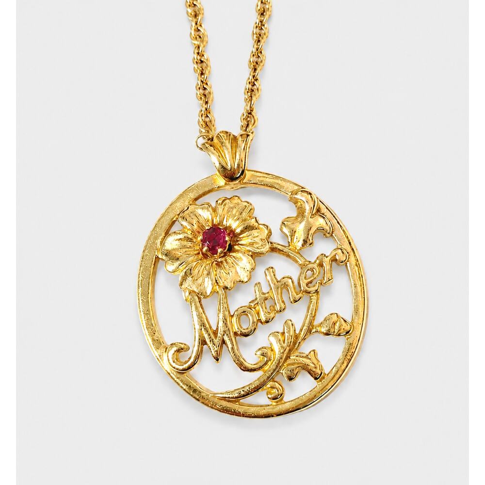 Vintage Avon Mother Pendant Necklace Red Rhinestone Gold Tone Floral 18" gn36